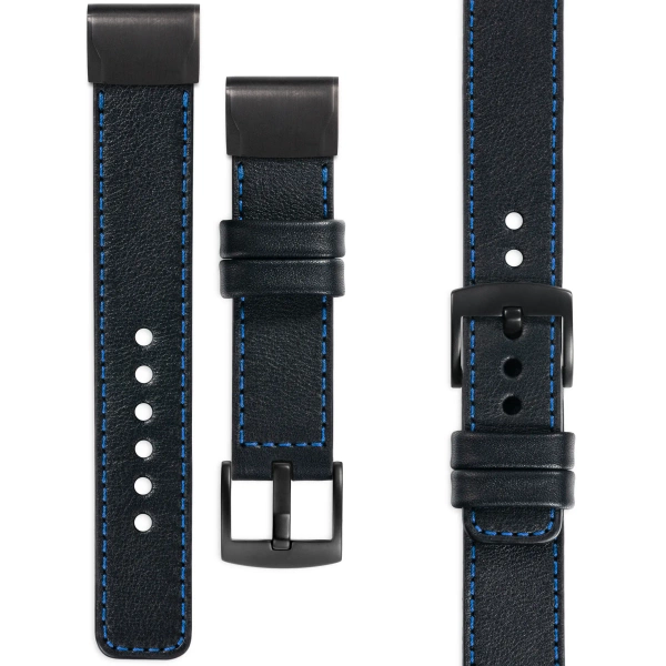 moVear Prestige C1 Skórzany pasek do Garmin QuickFit 26mm (Fenix / Epix / Quatix / Tactix / Enduro - 51mm) | Czarny, niebieskie przeszycie [rozmiary XS-XXL i klamra do wyboru]