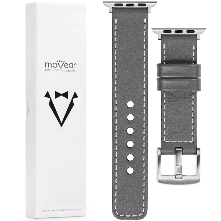 moVear Prestige C1 Skórzany pasek 20mm do Apple Watch 10 / 9 / 8 / 7 / 6 / 5 / 4 / SE (46/45/44mm) & Ultra (49mm) | Szary, białe przeszycie [rozmiary XS-XXL i klamra do wyboru]