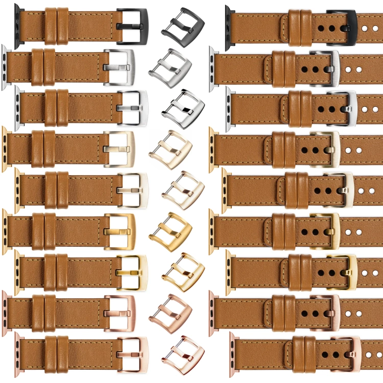 moVear Prestige C1 Skórzany pasek 22mm do Apple Watch 10 / 9 / 8 / 7 / 6 / 5 / 4 / SE (46/45/44mm) & Ultra (49mm) | Jasnobrązowy, złote przeszycie [rozmiary XS-XXL i klamra do wyboru]