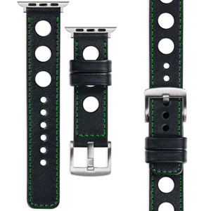 moVear Prestige R1 Skórzany pasek 20mm do Apple Watch 8 / 7 / 6 / 5 / 4 / SE (41/40mm) | Czarny, zielone przeszycie [rozmiar i klamra do wyboru]