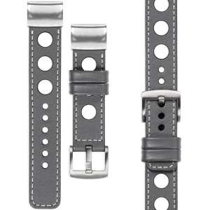 moVear Prestige R1 Skórzany pasek do Garmin QuickFit 22mm (Fenix / Forerunner / Epix / Instinct / Enduro / Quatix / MARQ - 47/45mm) | Szary, białe przeszycie [rozmiary XS-XXL i klamra do wyboru]