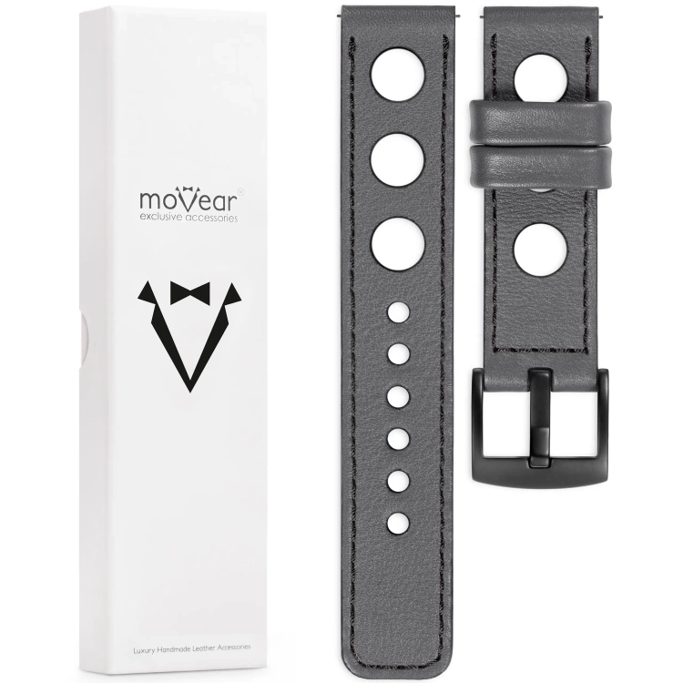 moVear Prestige R1 Skórzany pasek 20mm do zegarka | Szary, czarne przeszycie [rozmiary XS-XXL i klamra do wyboru]
