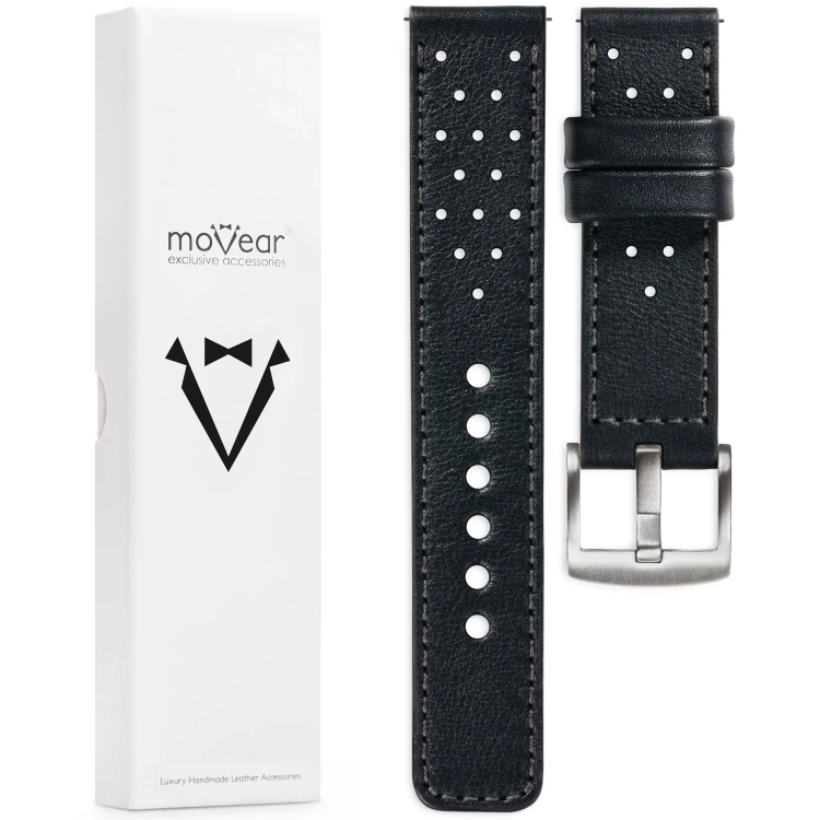 moVear Prestige R2 Skórzany pasek 22mm do Samsung Galaxy Watch 3 (45mm) / Watch (46mm) / Gear S3 | Czarny, grafitowe przeszycie [rozmiary XS-XXL i klamra do wyboru]
