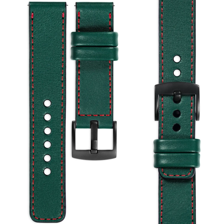 moVear Prestige C1 Skórzany pasek 22mm do zegarka | Zielony butelkowy, czerwone przeszycie [rozmiary XS-XXL i klamra do wyboru]