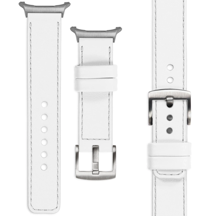 moVear Prestige C1 Skórzany pasek 24mm do Samsung Galaxy Watch Ultra | Biały, srebrne przeszycie [rozmiary XS-XXL i klamra do wyboru]