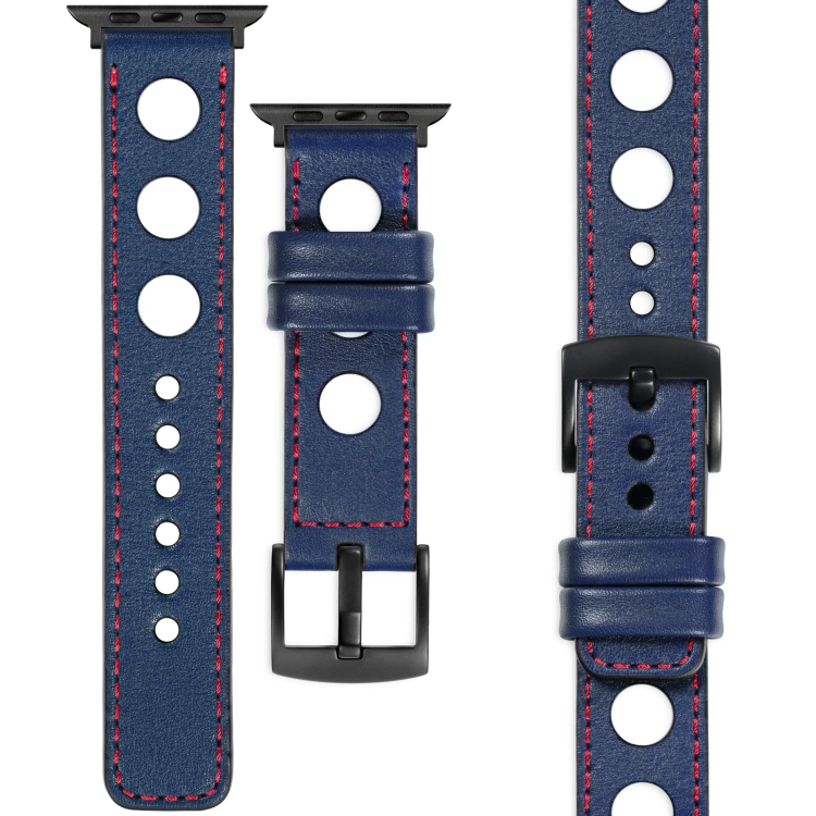 moVear Prestige R1 Skórzany pasek 22mm do Apple Watch 10 / 9 / 8 / 7 / 6 / 5 / 4 / SE (42/41/40mm) | Granatowy, czerwone przeszycie [rozmiary XS-XXL i klamra do wyboru]