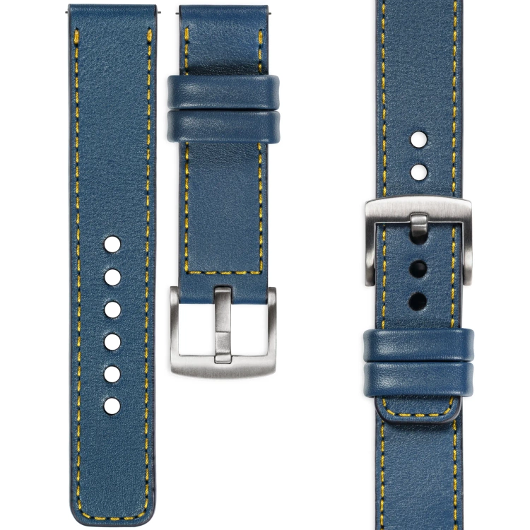 moVear Prestige C1 Skórzany pasek 20mm do zegarka | Niebieski jeans, żółte przeszycie [rozmiary XS-XXL i klamra do wyboru]