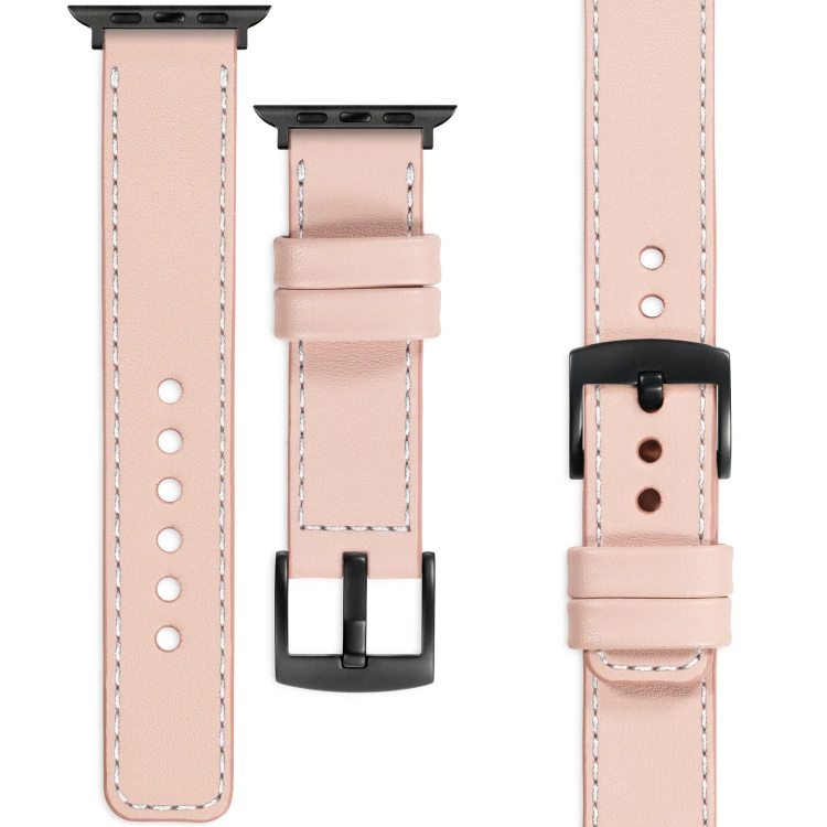 moVear Prestige C1 Skórzany pasek 22mm do Apple Watch 10 / 9 / 8 / 7 / 6 / 5 / 4 / SE (46/45/44mm) & Ultra (49mm) | Różowy cielisty, białe przeszycie [rozmiary XS-XXL i klamra do wyboru]