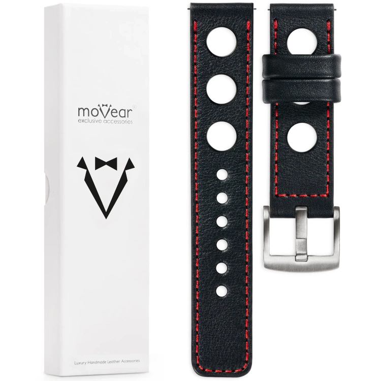 moVear Prestige R1 Skórzany pasek 18mm do zegarka | Czarny, czerwone przeszycie [rozmiary XS-XXL i klamra do wyboru]