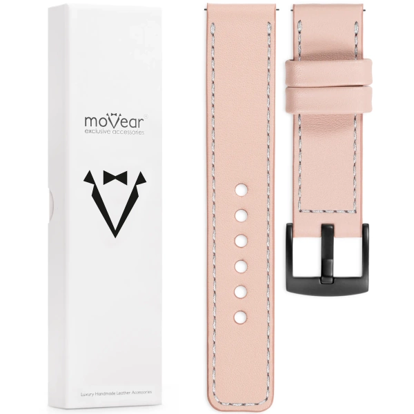 moVear Prestige C1 Skórzany pasek 20mm do Samsung Galaxy Watch 7 / 6 / 5 / 4 / 3 & Pro / FE / Classic / Active | Różowy cielisty, srebrne przeszycie [rozmiary XS-XXL i klamra do wyboru]