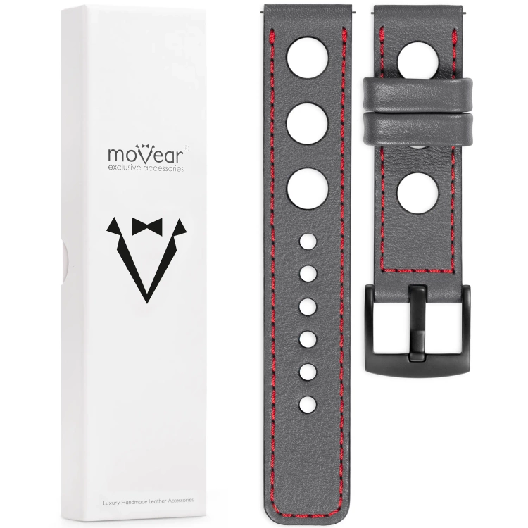 moVear Prestige R1 Skórzany pasek 22mm do Huawei Watch 5 4 3 2 1 - GT / Pro / Ultimate (48/46mm) | Szary, czerwone przeszycie [rozmiary XS-XXL i klamra do wyboru]