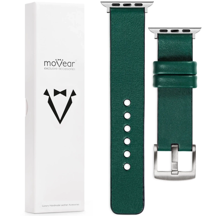 moVear Prestige S1 Skórzany pasek 20mm do Apple Watch 10 / 9 / 8 / 7 / 6 / 5 / 4 / SE (46/45/44mm) & Ultra (49mm) | Zielony butelkowy [adapter i klamra do wyboru]