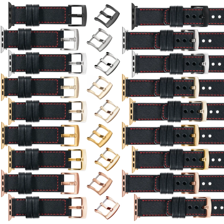 moVear Prestige C1 Skórzany pasek 22mm do Apple Watch 10 / 9 / 8 / 7 / 6 / 5 / 4 / SE (46/45/44mm) & Ultra (49mm) | Czarny, czerwone przeszycie [rozmiary XS-XXL i klamra do wyboru]