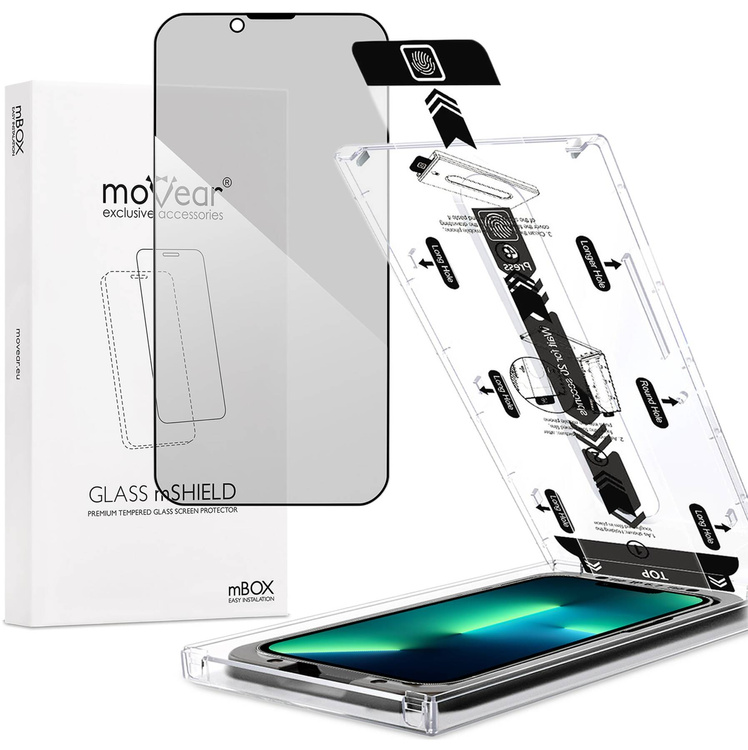 moVear mBOX GLASS mSHIELD 2.5D MAX privacy do Apple iPhone 16e / 14 / 13 / 13 Pro (6.1") (Anty spy, z Aplikatorem)