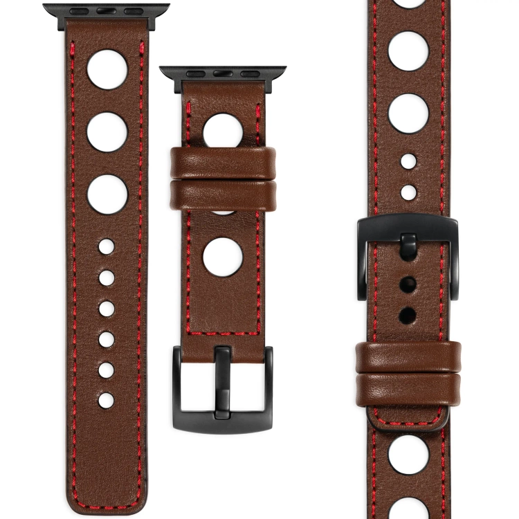 moVear Prestige R1 Skórzany pasek 22mm do Apple Watch 10 / 9 / 8 / 7 / 6 / 5 / 4 / SE (46/45/44mm) & Ultra (49mm) | Ciemnobrązowy, czerwone przeszycie [rozmiary XS-XXL i klamra do wyboru]
