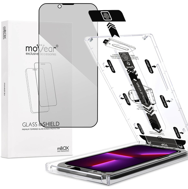 moVear mBOX GLASS mSHIELD 2.5D MAX privacy do Apple iPhone 14 Plus / 13 Pro Max (6.7") (Anty spy, z Aplikatorem)