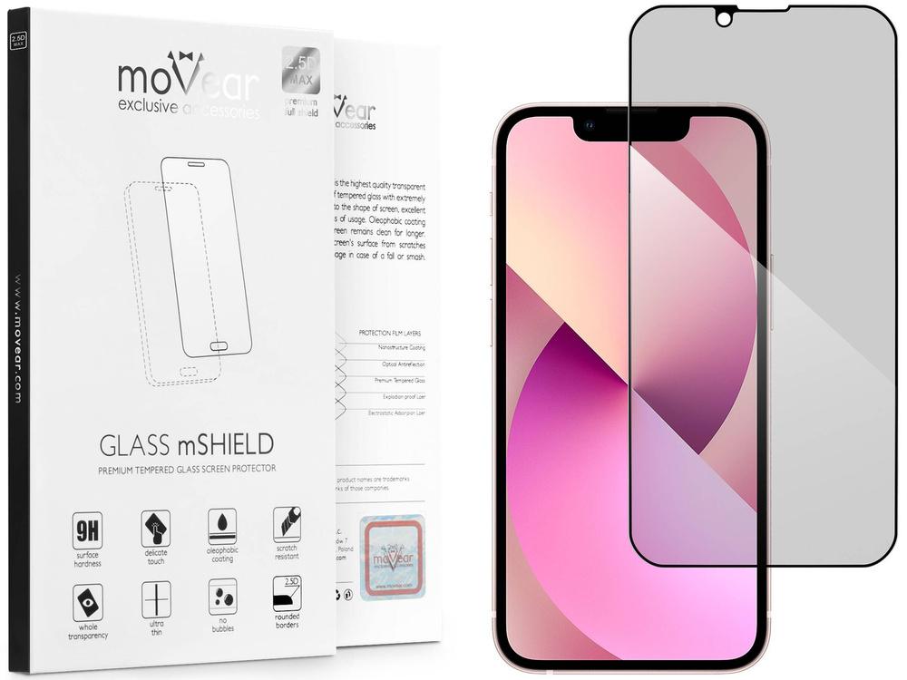 moVear GLASS mSHIELD 2.5D MAX privacy do Apple iPhone 13 Mini (5.4") (Prywatyzujące, kompatybilne z etui)