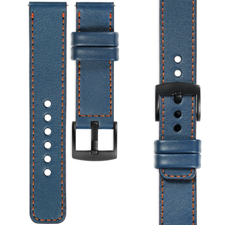moVear Prestige C1 Skórzany pasek 20mm do zegarka | Niebieski jeans, ciemnopomarańczowe przeszycie [rozmiary XS-XXL i klamra do wyboru]