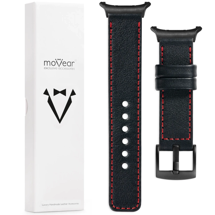 moVear Prestige C1 Skórzany pasek 24mm do Samsung Galaxy Watch Ultra | Czarny, czerwone przeszycie [rozmiary XS-XXL i klamra do wyboru]