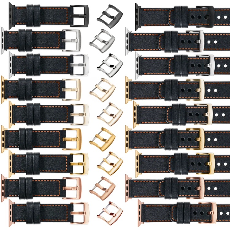 moVear Prestige C1 Skórzany pasek 24mm do Apple Watch 10 / 9 / 8 / 7 / 6 / 5 / 4 / SE (46/45/44mm) & Ultra (49mm) | Czarny, ciemnopomarańczowe przeszycie [rozmiary XS-XXL i klamra do wyboru]