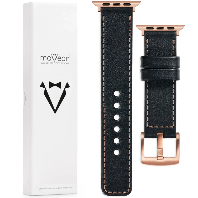 moVear Prestige C1 Skórzany pasek 22mm do Apple Watch 10 / 9 / 8 / 7 / 6 / 5 / 4 / SE (46/45/44mm) & Ultra (49mm) | Czarny, różowe złoto przeszycie [rozmiary XS-XXL i klamra do wyboru]