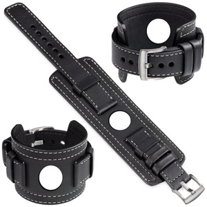 moVear Prestige CW1 Szeroki skórzany pasek 22mm do Samsung Galaxy Watch 3 (45mm) / Watch (46mm) / Gear S3 | Czarny, białe przeszycie [rozmiary XS-XXL i klamra do wyboru]