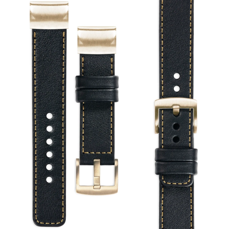 moVear Prestige C1 Skórzany pasek do Garmin QuickFit 20mm (Fenix / Instinct - 43/42/40mm) | Czarny, złote przeszycie [rozmiary XS-XXL i klamra do wyboru]