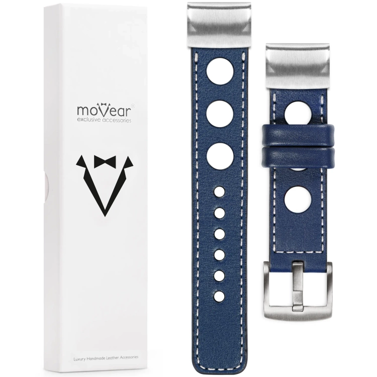 moVear Prestige R1 Skórzany pasek do Garmin QuickFit 22mm (Fenix / Forerunner / Epix / Instinct / Enduro / Quatix / MARQ - 47/45mm) | Granatowy, białe przeszycie [rozmiary XS-XXL i klamra do wyboru]