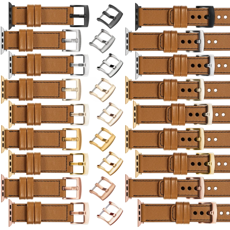 moVear Prestige C1 Skórzany pasek 22mm do Apple Watch 10 / 9 / 8 / 7 / 6 / 5 / 4 / SE (46/45/44mm) & Ultra (49mm) | Jasnobrązowy, czarne przeszycie [rozmiary XS-XXL i klamra do wyboru]