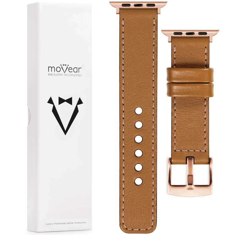 moVear Prestige C1 Skórzany pasek 20mm do Apple Watch 10 / 9 / 8 / 7 / 6 / 5 / 4 / SE (46/45/44mm) & Ultra (49mm) | Jasnobrązowy, różowe złoto przeszycie [rozmiary XS-XXL i klamra do wyboru]
