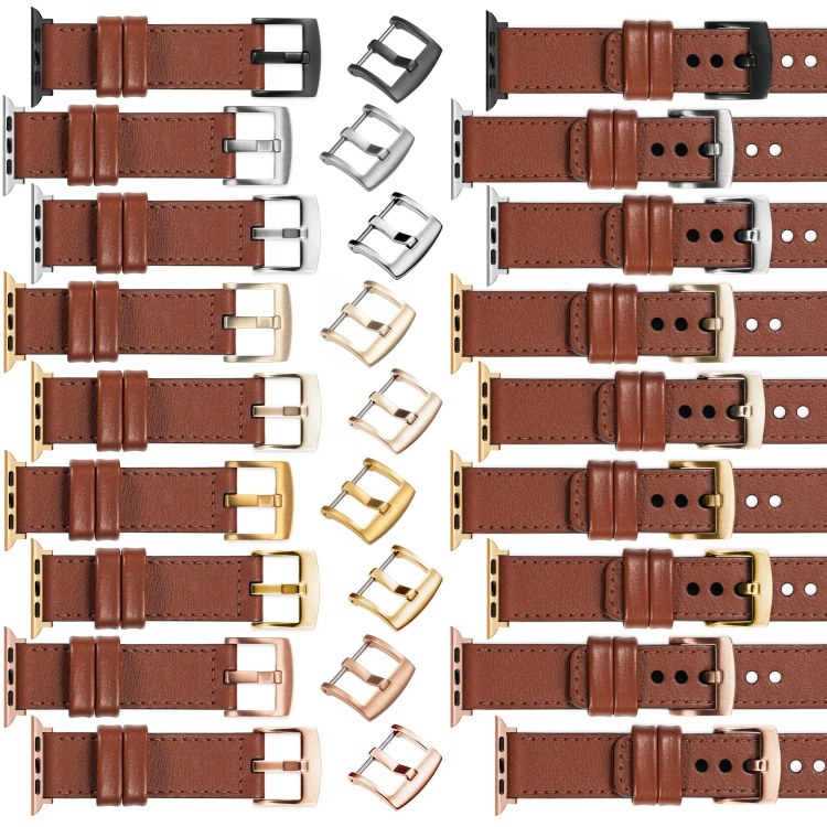moVear Prestige C1 Skórzany pasek 24mm do Apple Watch 10 / 9 / 8 / 7 / 6 / 5 / 4 / SE (46/45/44mm) & Ultra (49mm) | Brązowy, brązowe przeszycie [rozmiary XS-XXL i klamra do wyboru]