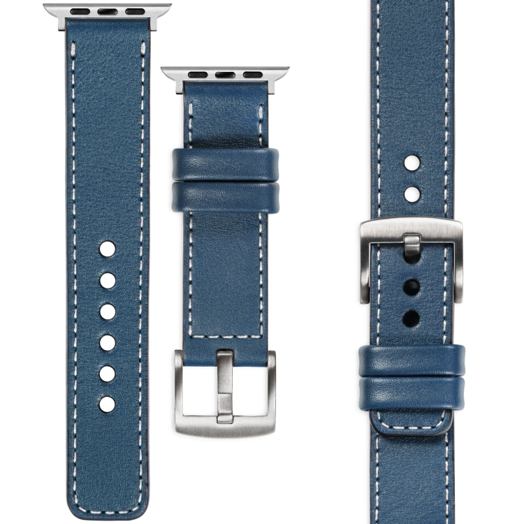 moVear Prestige C1 Skórzany pasek 24mm do Apple Watch 10 / 9 / 8 / 7 / 6 / 5 / 4 / SE (46/45/44mm) & Ultra (49mm) | Niebieski jeans, białe przeszycie [rozmiary XS-XXL i klamra do wyboru]