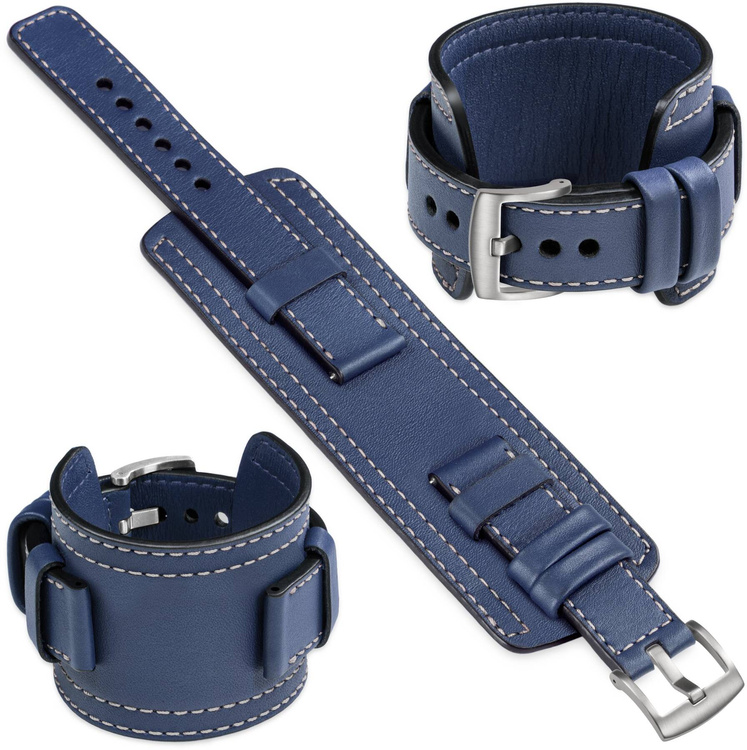 moVear Prestige CW1 Szeroki skórzany pasek 20mm do Samsung Galaxy Watch 7 / 6 / 5 / 4 / 3 & Pro / FE / Classic / Active | Granatowy, białe przeszycie [rozmiary XS-XXL i klamra do wyboru]