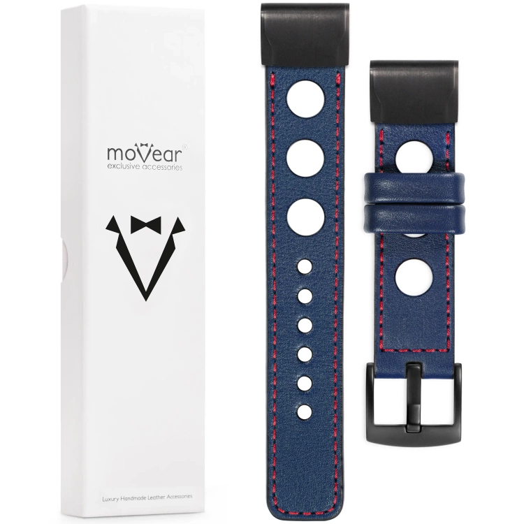moVear Prestige R1 Skórzany pasek do Garmin QuickFit 26mm (Fenix / Epix / Quatix / Tactix / Enduro - 51mm) | Granatowy, czerwone przeszycie [rozmiary XS-XXL i klamra do wyboru]