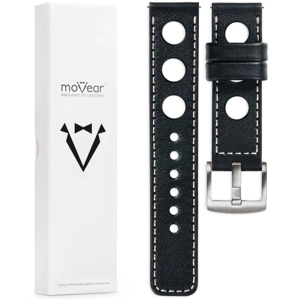 moVear Prestige R1 Skórzany pasek 20mm do Samsung Galaxy Watch 7 / 6 / 5 / 4 / 3 & Pro / FE / Classic / Active | Czarny, białe przeszycie [rozmiary XS-XXL i klamra do wyboru]