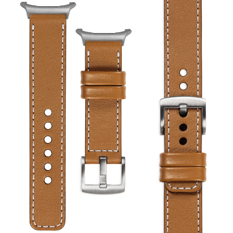 moVear Prestige C1 Skórzany pasek 22mm do Samsung Galaxy Watch Ultra | Jasnobrązowy, białe przeszycie [rozmiary XS-XXL i klamra do wyboru]