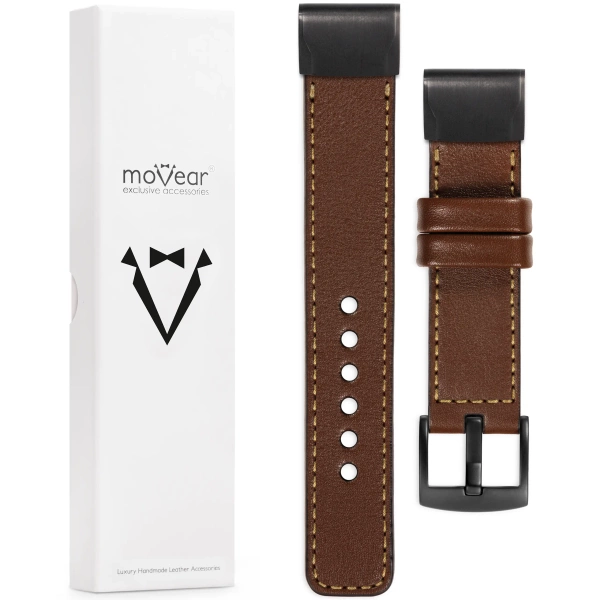 moVear Prestige C1 Skórzany pasek do Garmin QuickFit 26mm (Fenix / Epix / Quatix / Tactix / Enduro - 51mm) | Ciemnobrązowy, złote przeszycie [rozmiary XS-XXL i klamra do wyboru]