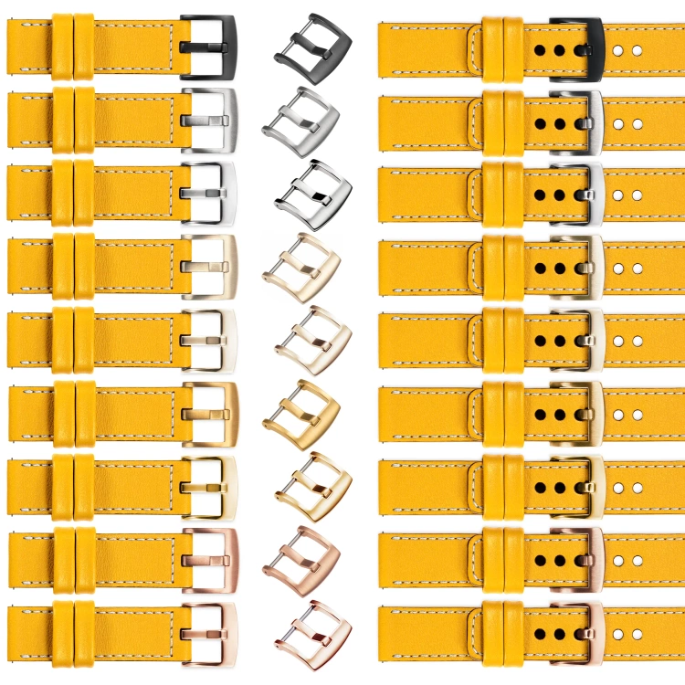 moVear Prestige C1 Skórzany pasek 18mm do zegarka | Żółty, białe przeszycie [rozmiary XS-XXL i klamra do wyboru]