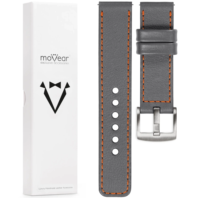 moVear Prestige C1 Skórzany pasek 20mm do zegarka | Szary, ciemnopomarańczowe przeszycie [rozmiary XS-XXL i klamra do wyboru]