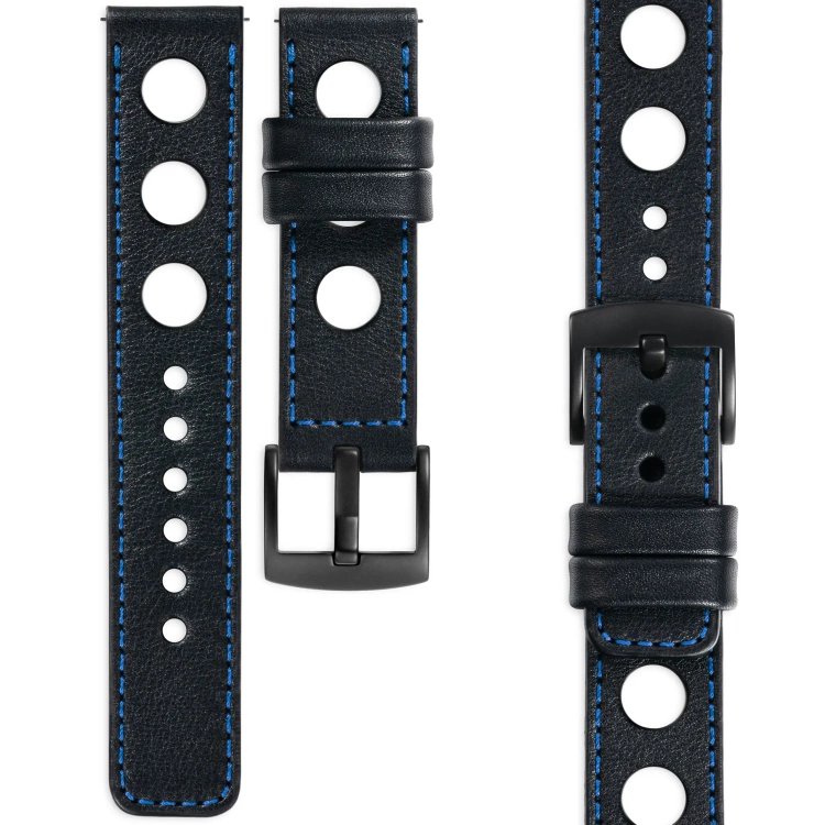 moVear Prestige R1 Skórzany pasek 20mm do zegarka | Czarny, niebieskie przeszycie [rozmiary XS-XXL i klamra do wyboru]