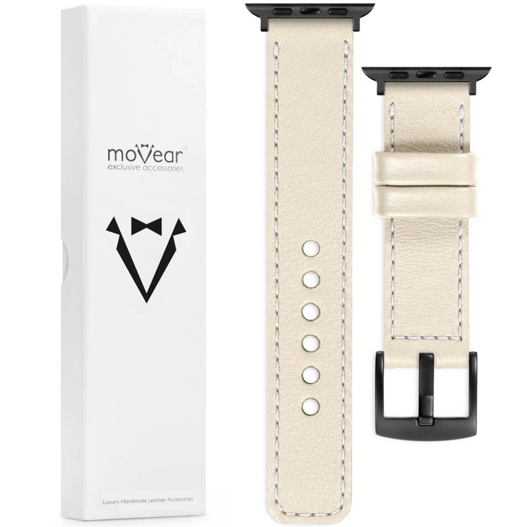 moVear Prestige C1 Skórzany pasek 20mm do Apple Watch 10 / 9 / 8 / 7 / 6 / 5 / 4 / SE (42/41/40mm) | Beżowy, białe przeszycie [rozmiary XS-XXL i klamra do wyboru]