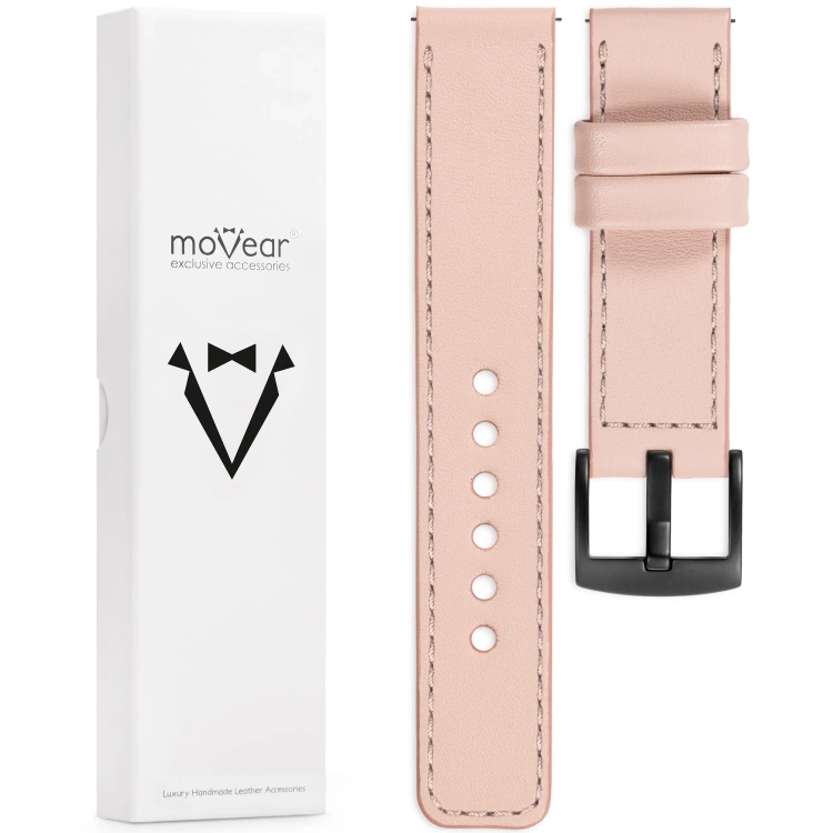 moVear Prestige C1 Skórzany pasek 22mm do Garmin Vivoactive 4, Venu 3/2 | Różowy cielisty, różowe cieliste przeszycie [rozmiary XS-XXL i klamra do wyboru]