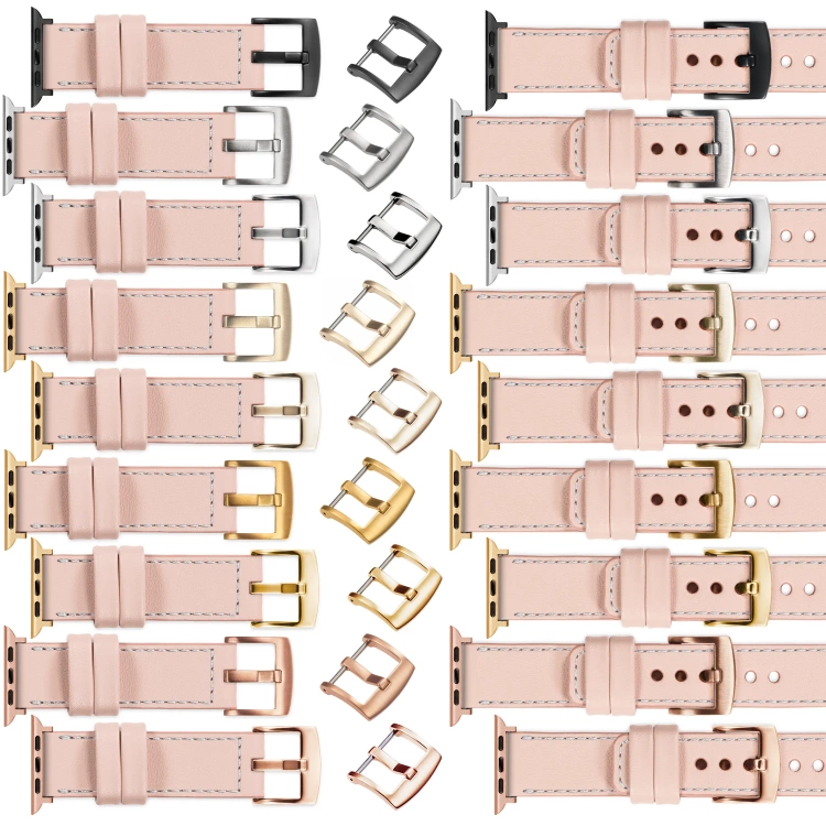 moVear Prestige C1 Skórzany pasek 22mm do Apple Watch 10 / 9 / 8 / 7 / 6 / 5 / 4 / SE (46/45/44mm) & Ultra (49mm) | Różowy cielisty, srebrne przeszycie [rozmiary XS-XXL i klamra do wyboru]