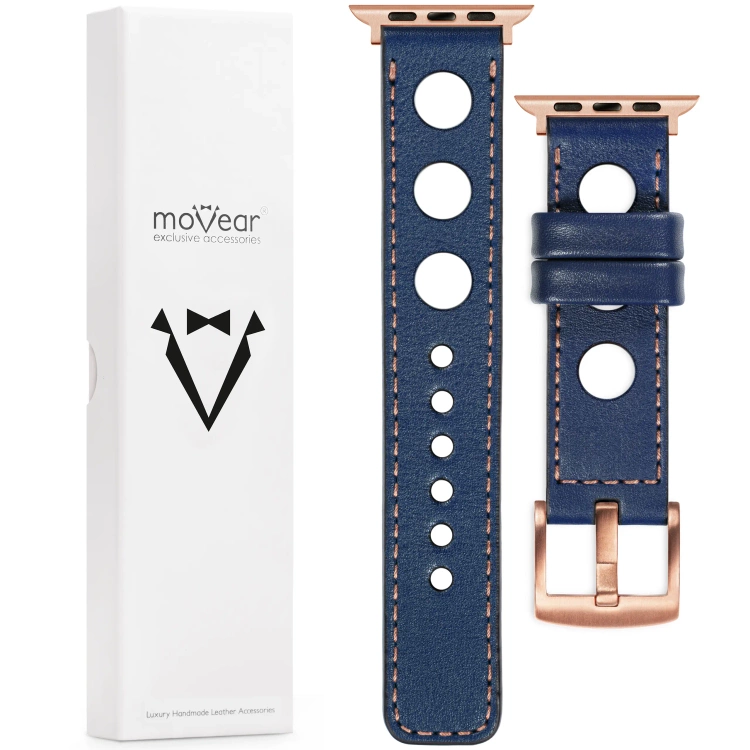 moVear Prestige R1 Skórzany pasek 22mm do Apple Watch 10 / 9 / 8 / 7 / 6 / 5 / 4 / SE (42/41/40mm) | Granatowy, różowe złoto przeszycie [rozmiary XS-XXL i klamra do wyboru]