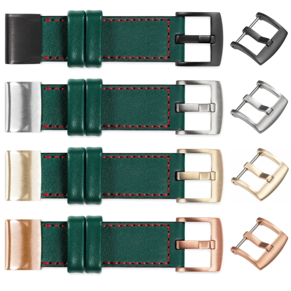 moVear Prestige C1 Skórzany pasek do Garmin QuickFit 22mm (Fenix / Forerunner / Epix / Instinct / Enduro / Quatix / MARQ - 47/45mm) | Zielony butelkowy, czerwone przeszycie [rozmiary XS-XXL i klamra do wyboru]