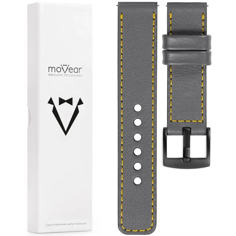 moVear Prestige C1 Skórzany pasek 22mm do zegarka | Szary, żółte przeszycie [rozmiary XS-XXL i klamra do wyboru]