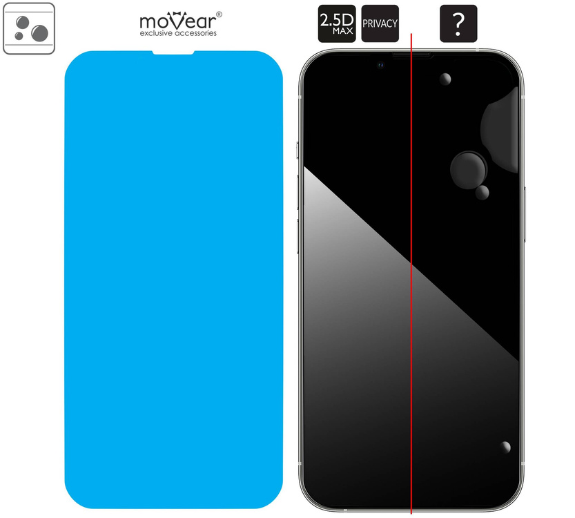 moVear GLASS mSHIELD 2.5D MAX privacy do Apple iPhone 16e / 14 / 13 / 13 Pro (6.1") (Prywatyzujące, kompatybilne z etui)