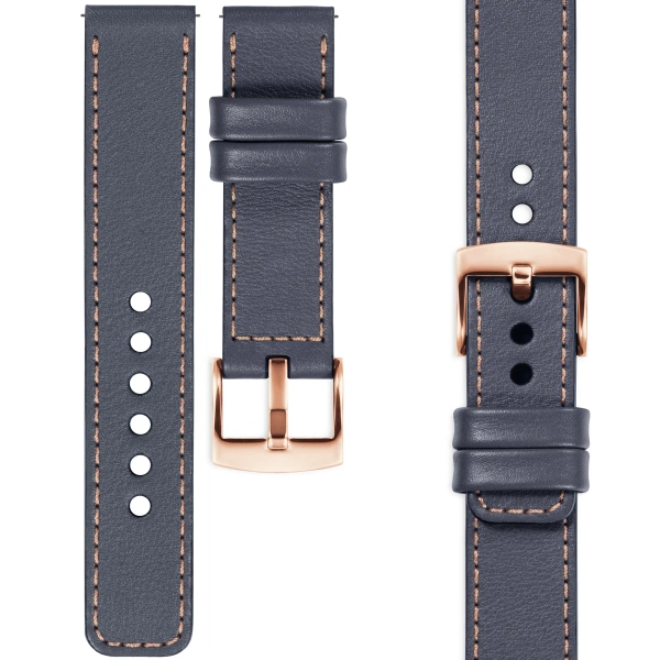 moVear Prestige C1 Skórzany pasek 18mm do zegarka | Szary stalowy, różowe złoto przeszycie [rozmiary XS-XXL i klamra do wyboru]