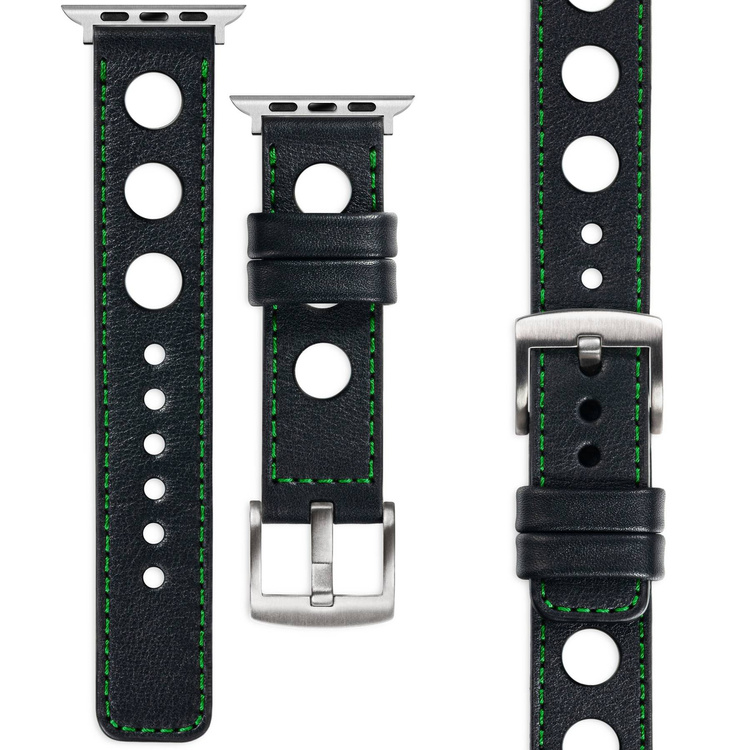 moVear Prestige R1 Skórzany pasek 20mm do Apple Watch 8 / 7 / 6 / 5 / 4 / SE (41/40mm) | Czarny, zielone przeszycie [rozmiar i klamra do wyboru]