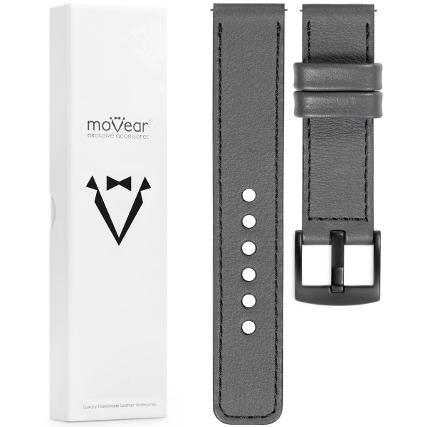 moVear Prestige C1 Skórzany pasek 26mm do zegarka | Szary, czarne przeszycie [rozmiary XS-XXL i klamra do wyboru]
